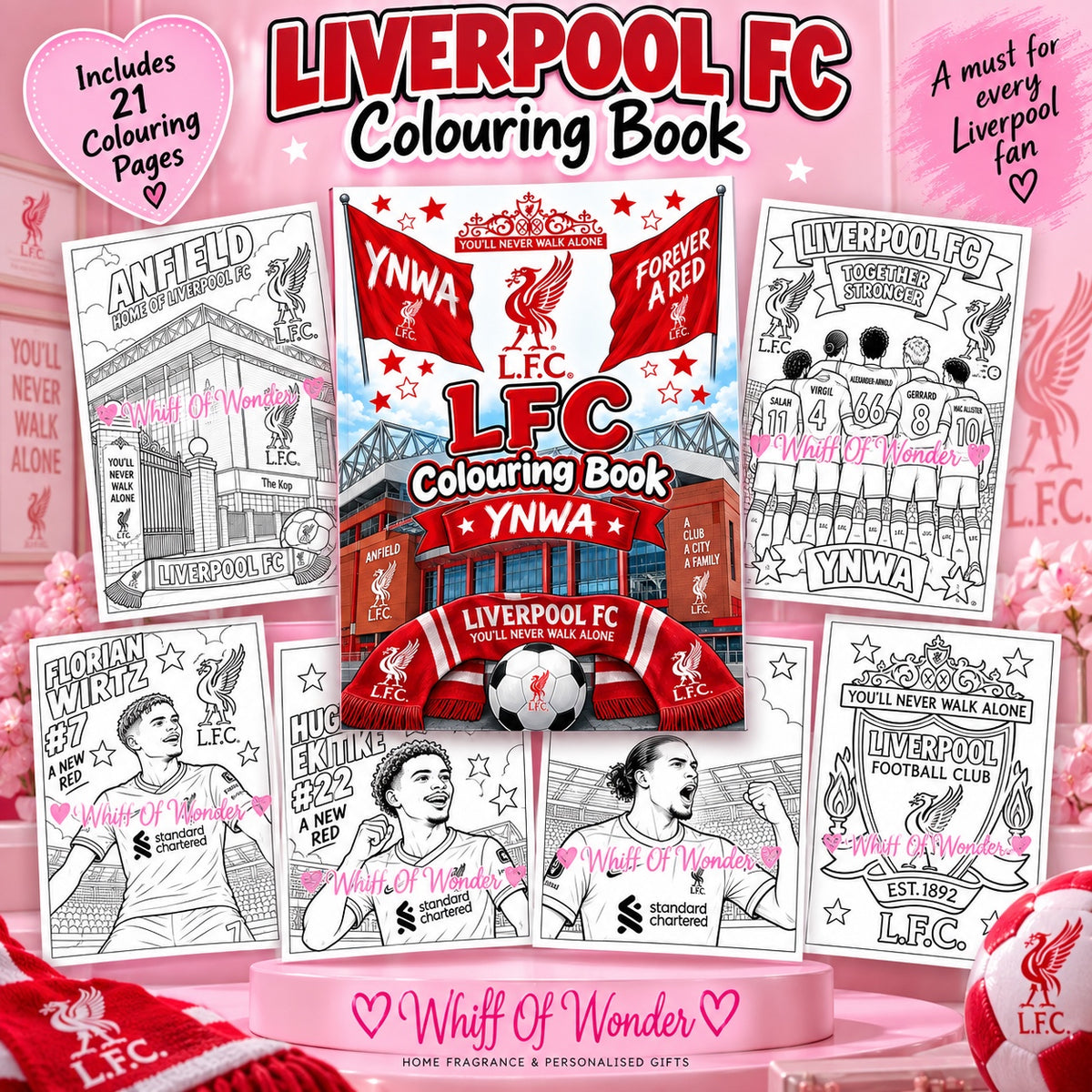 Liverpool colouring book cover with football players, Anfield and sample colouring pages on a red background.
