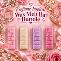 Perfume Inspired Wax Melt Bar Bundle graphic with four pastel bars, perfume bottles, roses and pink ribbon.
