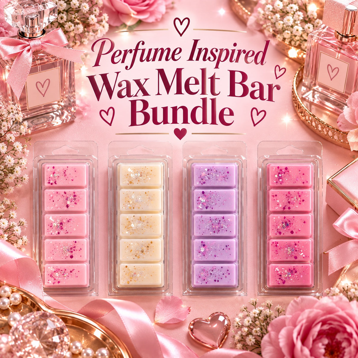 Perfume Inspired Wax Melt Bar Bundle graphic with four pastel bars, perfume bottles, roses and pink ribbon.