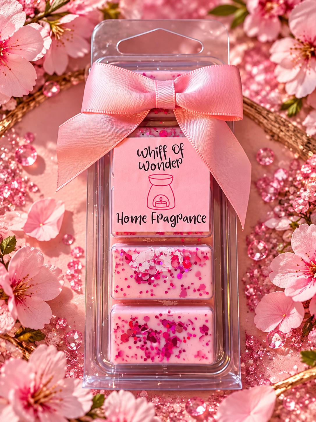 Pink Blossom Outdoorable waxident wax melt bar in clear packaging with a pink bow against pink blossoms.