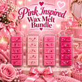 Pink Inspired Wax Melt Bundle graphic showing four pink wax melt bars among roses and pink bows.