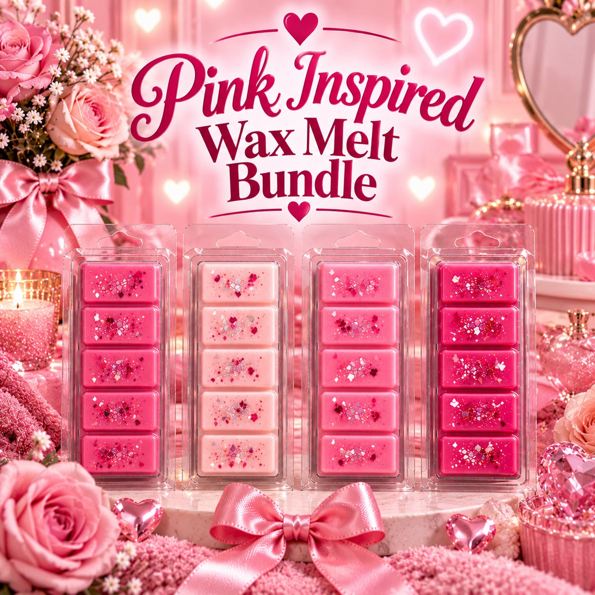 Pink Inspired Wax Melt Bundle graphic showing four pink wax melt bars among roses and pink bows.