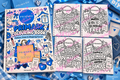 Primark Inspired colouring book cover beside four black-and-white fashion and shopping colouring pages.