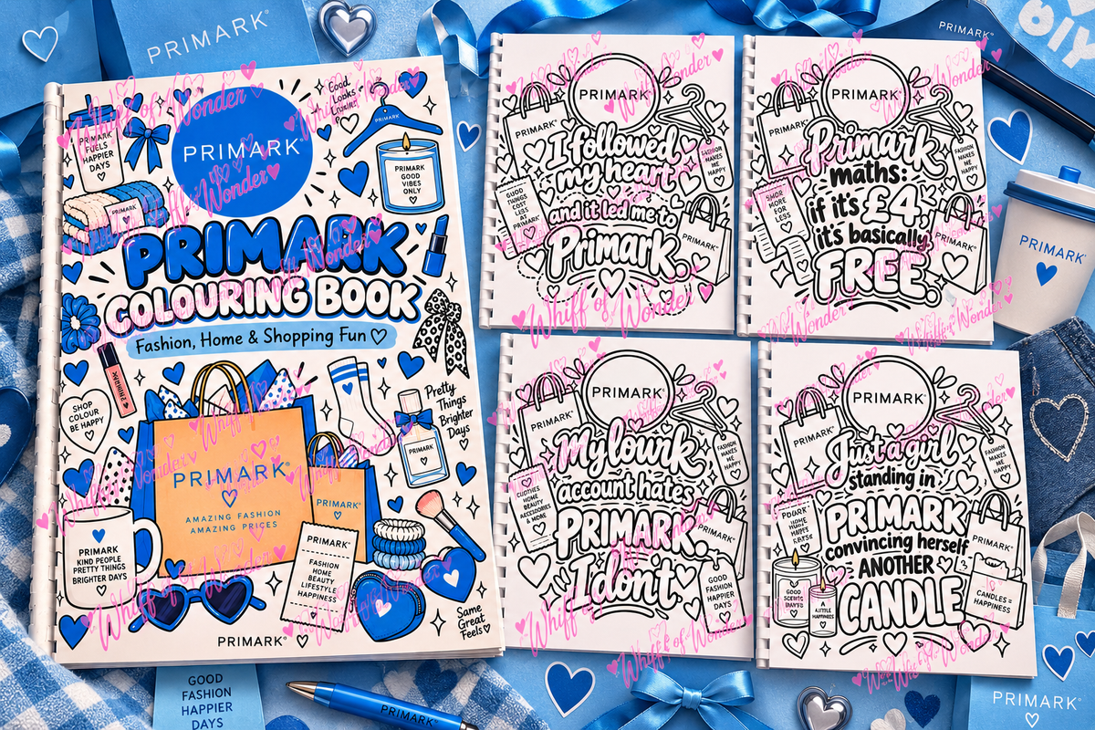 Primark Inspired colouring book cover beside four black-and-white fashion and shopping colouring pages.