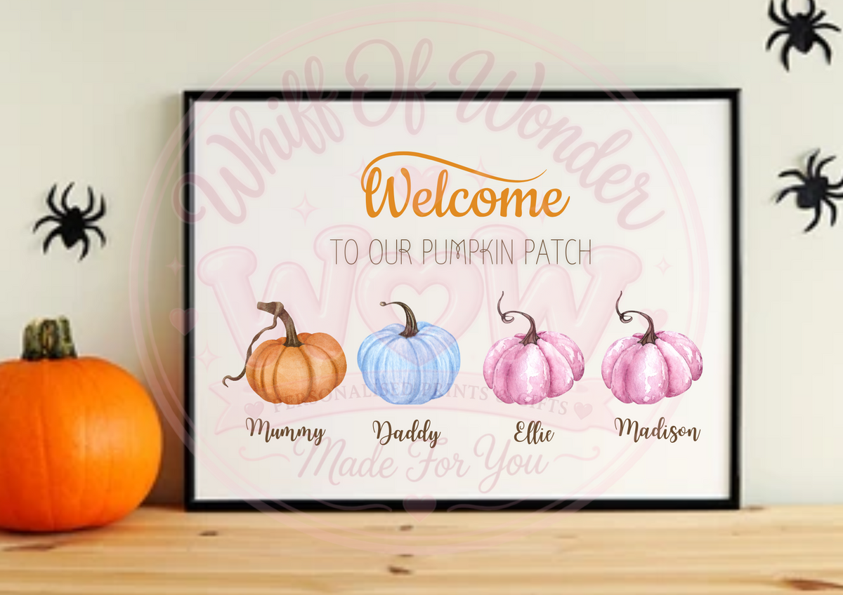 Framed Welcome to Our Pumpkin Patch personalised family print with four named pastel pumpkins beside an orange pumpkin.