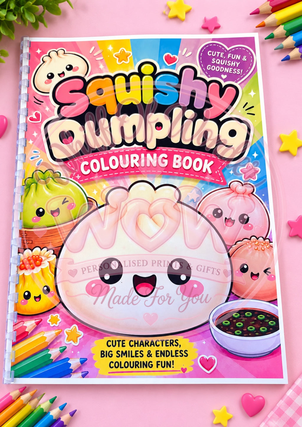Squishy Dumpling colouring book cover with smiling pastel dumpling characters on a pink background.