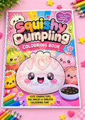 Squishy Dumpling colouring book cover with smiling pastel dumpling characters on a pink background.