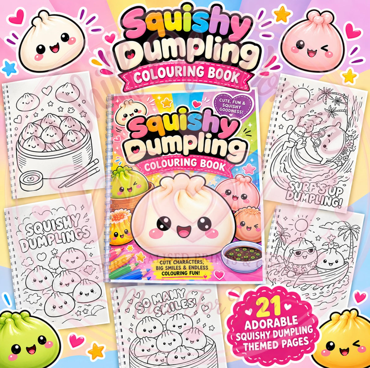 Squishy Dumpling colouring book cover surrounded by sample black-and-white dumpling colouring pages.
