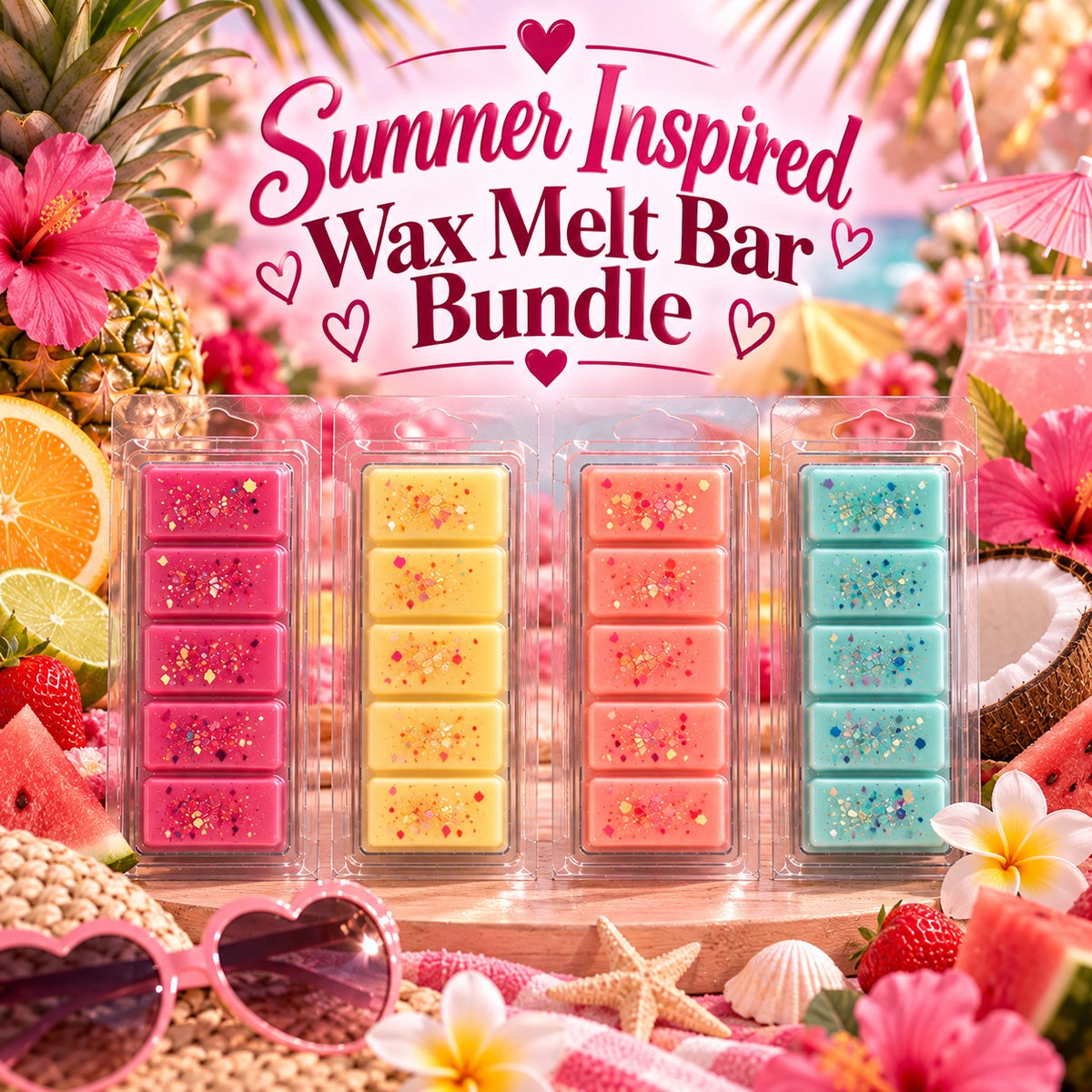 Summer Inspired Wax Melt Bar Bundle graphic with four colourful bars surrounded by tropical fruit and flowers.
