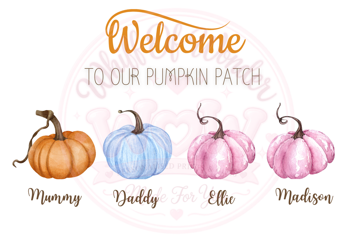 Welcome to Our Pumpkin Patch personalised print with orange, blue and pink pumpkins named for family members.