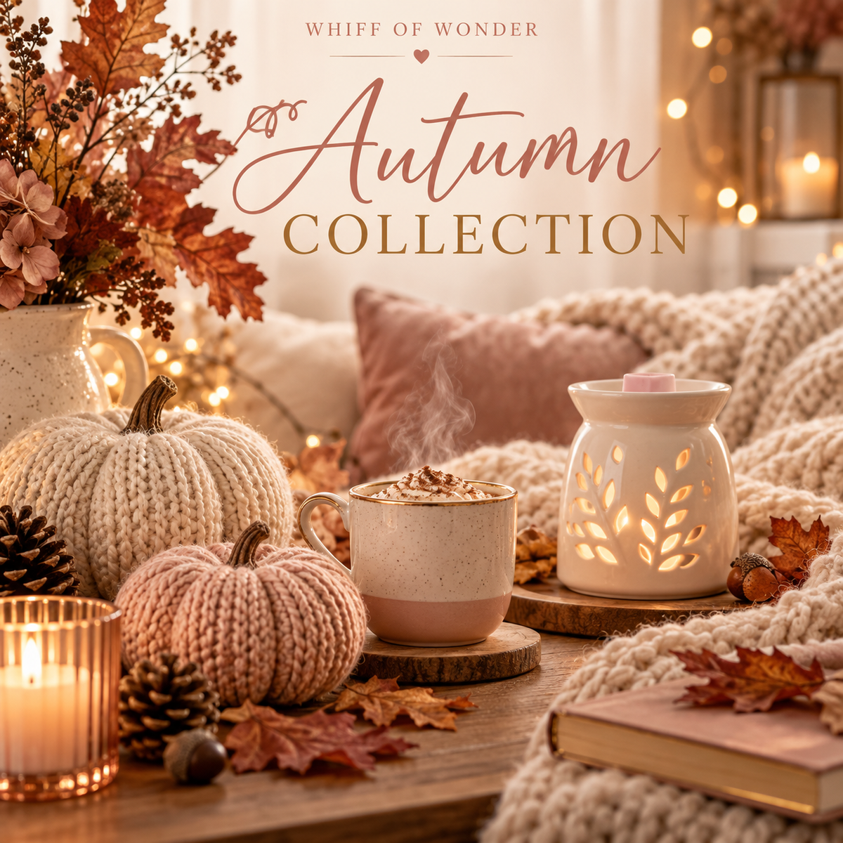 Whiff Of Wonder Autumn Collection with knitted pumpkins, autumn leaves and a glowing wax warmer.