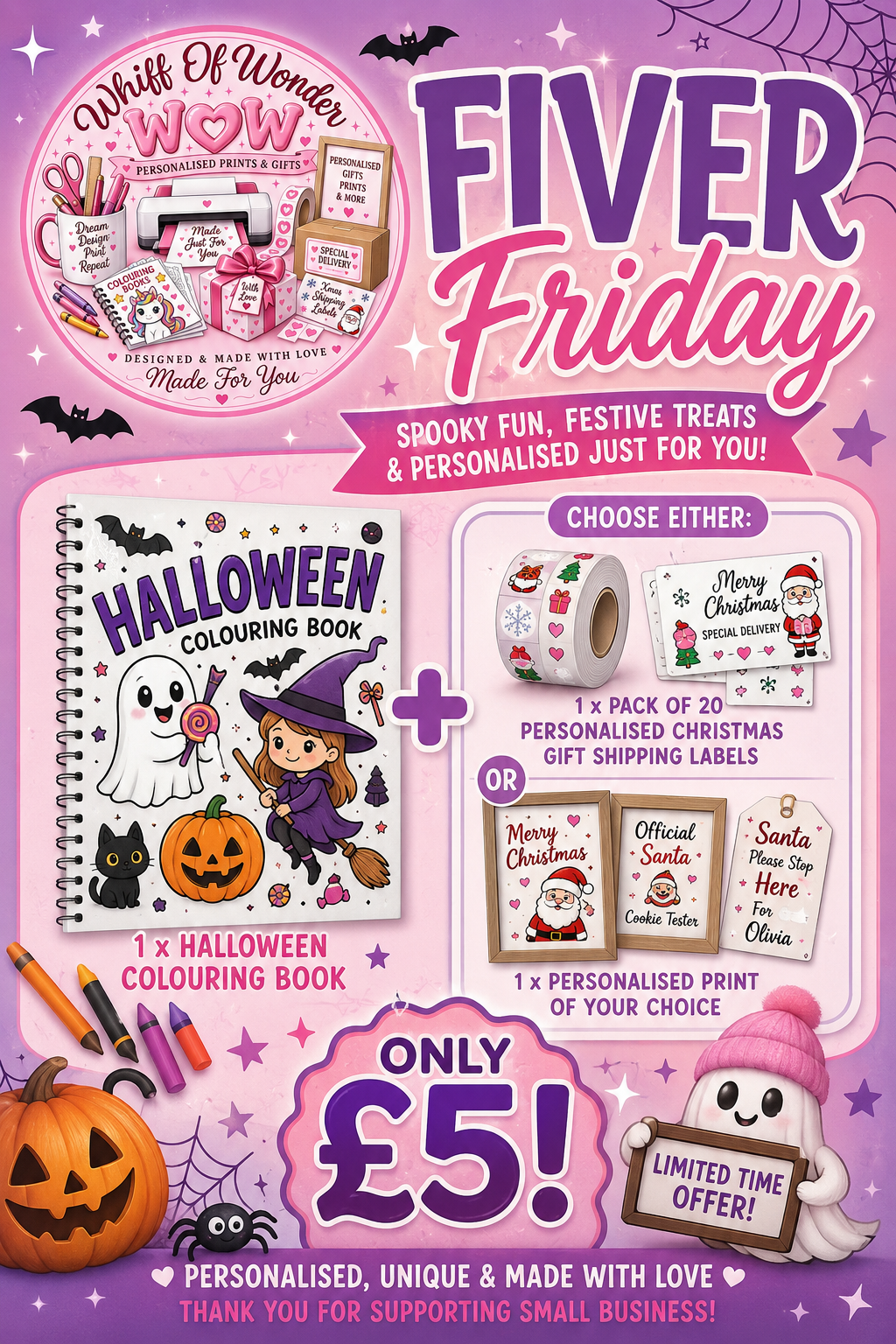 Fiver Friday promotional graphic advertising a £5 colouring book and personalised print offer.